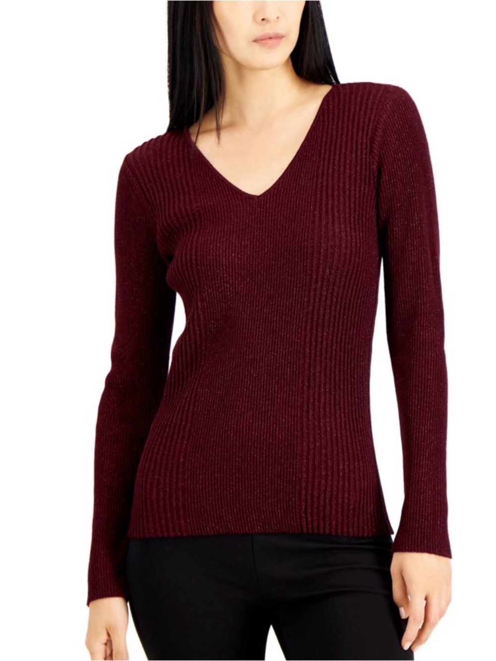 Alfani Women’s Small Burgundy Metallic Ribbed V-Neck Long Sleeve Sweater EUC